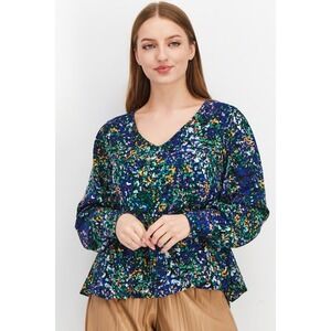 Jacqueline De Yong Blue Floral‎ Peplum V-Neck Blouse Balloon Sleeve Size 36 US 8